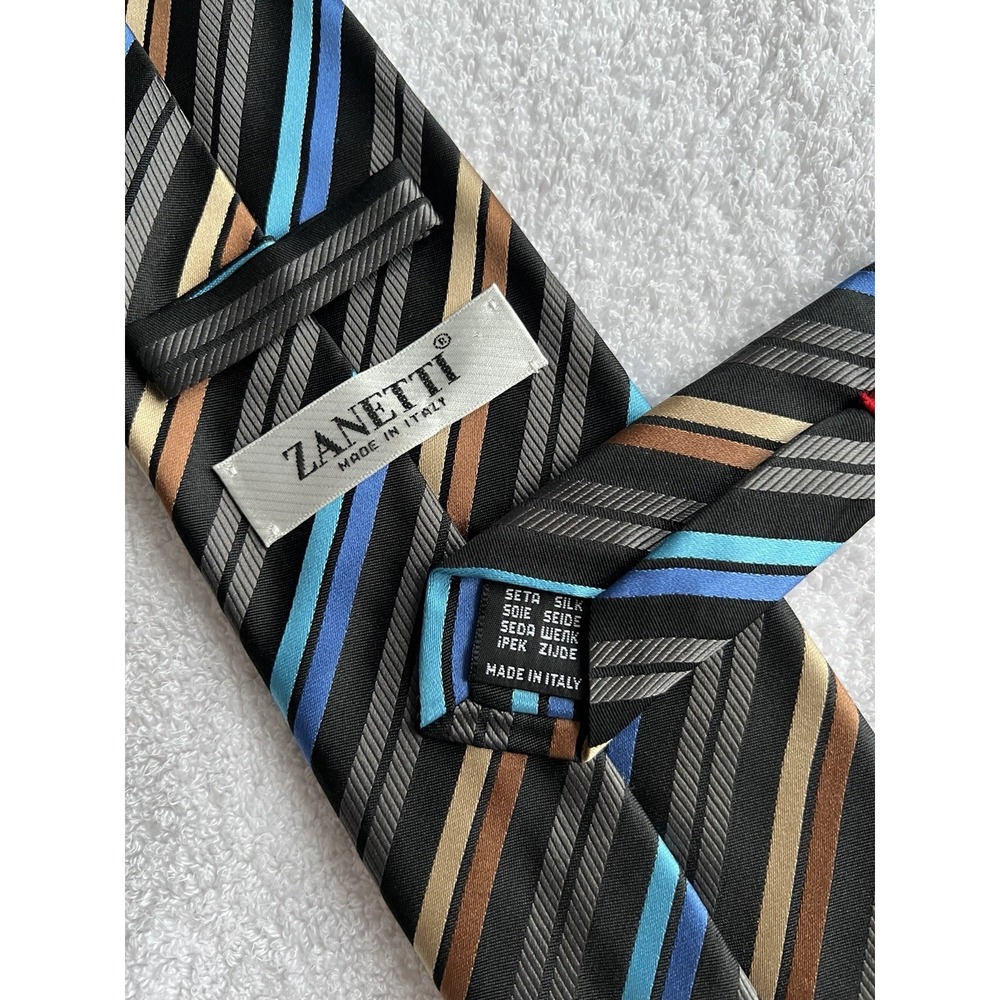 Zanetti	Multi Blue Brown Black Stripes Woven Repp	100% Silk	Tie Necktie Italy